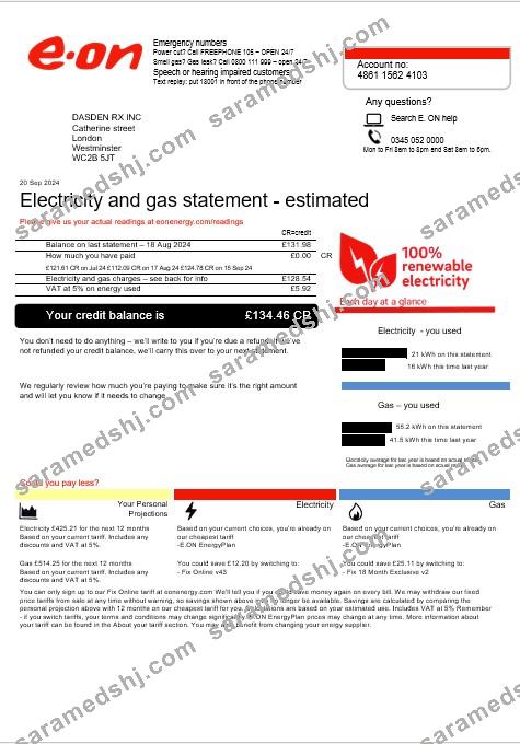 United Kingdom E.ON business utility bill template in Word and PDF formats, version 4